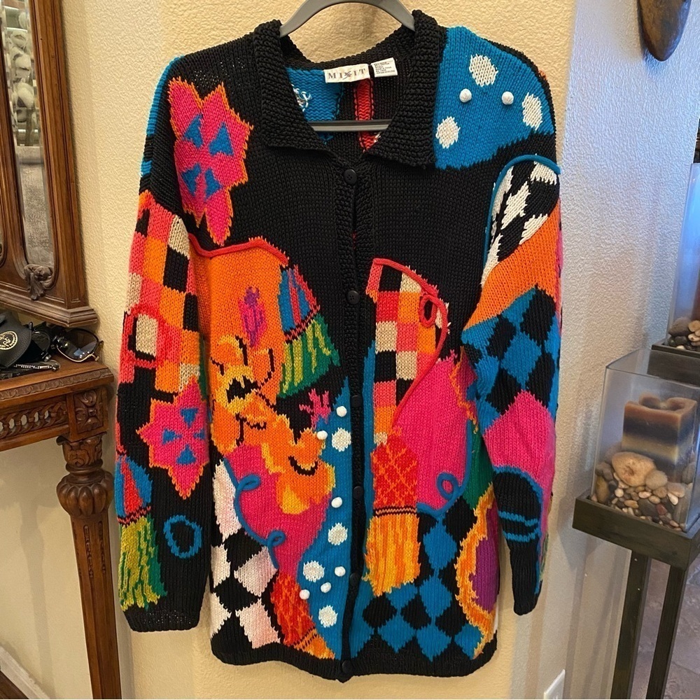 Vintage MIXIT Women Colorful Artsy Over-Sized Knit Cardigan Size Small